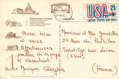 Washington w nocy — Pamiątkowy Zamek Jeffersona, Budynki Kongresu, Pomnik Washingtona, Pamiątkowy Zamek Lincolna — Silberne Souvenir Sales, Inc. — Rewers