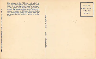 Forest Lawn Memorial Park — 'The Mystery of Life' — Longshaw Card Co. — Verso