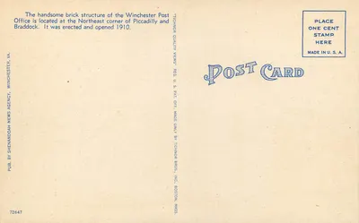 Amerykański Urząd Pocztowy, Winchester, Va. — wydawca Tichnor Bros. n° 72647 — Rewers