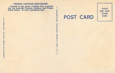 Restaurante al aire libre famoso en el Rockefeller Center — Radio City, New York — Herbco Card Co. — Reverso