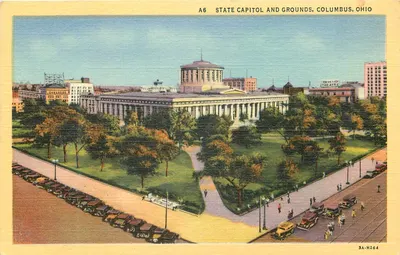 Capitólio Estadual e jardins, Columbus, Ohio — edição Curteich, série A6