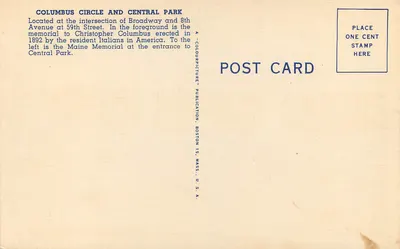 Columbus Circle e Central Park — Nova York — A-Colour Picture Publication, Boston — Verso