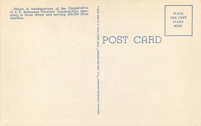 Home of Cooperative G. L. F. Exchange, Ithaca, N.Y. — editor C.T. Art-Colortone, n° 4B-H1155 — Verso
