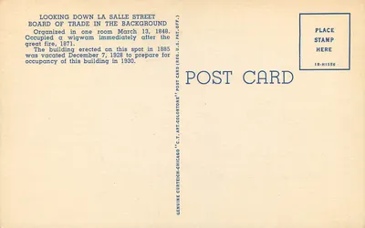 Chicago — Vista da La Salle Street com o Chicago Board of Trade em segundo plano — Curt Teich & Co., Inc. n°146 — Verso