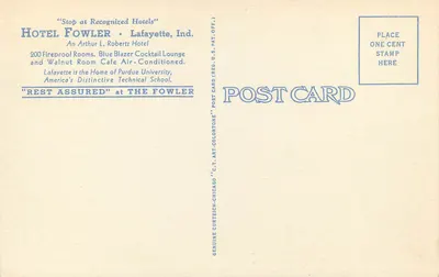 Hotel Fowler — Lafayette, Indiana — Arthur L. Roberts Hotel — Verso