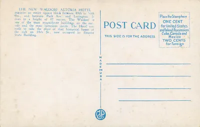 Waldorf Astoria Hotel, New York — editor I.O.U. n° 36368 — Reverso