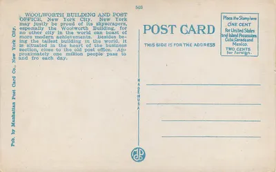 Edifício Woolworth, Posto de Correios e Edifício Municipal — Nova Iorque — Pub. pela Manhattan Post Card Co. n° 503 — Verso