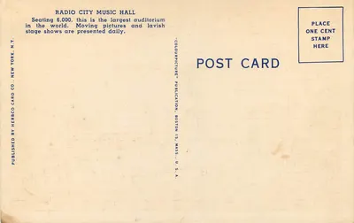 Auditório do Radio City Music Hall — Nova York — Publicação 'Colourpicture' pela Herbco Card Co. — Verso