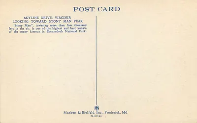 Skyline Drive, Virginia — vue vers le sommet de Stony Man — wydawca Marken & Bielfeld, Inc., n° 103 — Rewers