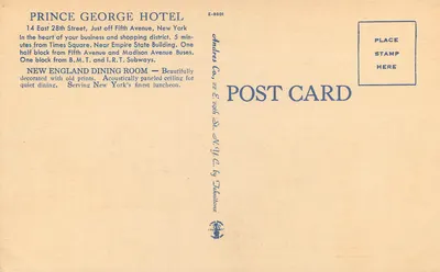 Sala de jantar do Prince George Hotel — New England Dining Room — editor Andrews Co. n° E-9801 — Verso