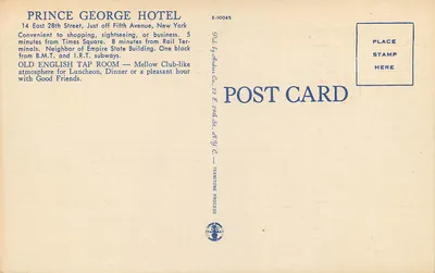Interior de um restaurante — Prince George Hotel — editor Tennitone Co. n° E-10045 — Verso