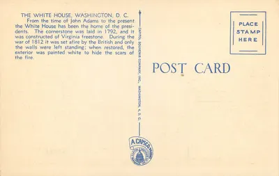 The White House, Washington, D. C. — vista primaveril com fonte — Capitol Souvenir Company, n° 71638 — Verso