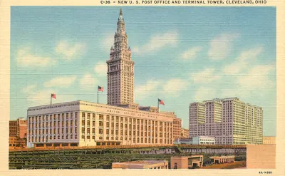 Novo Escritório dos Correios dos EUA e Torre Terminal, Cleveland, Ohio — C-36 — editor Klein R. News Company, n° 4A-H981