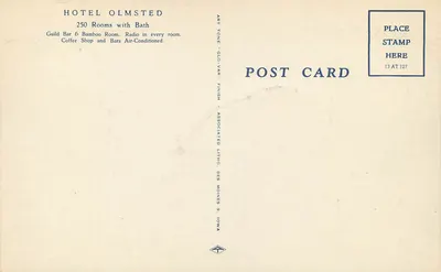 Hotel Olmsted — Cleveland, Ohio — Associated Litho, Des Moines, Iowa — Verso