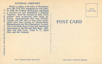 Narodowy Cmentarz, Winchester, VA — seria W17, wydawca Asheville Post Card Co. — Rewers