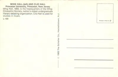 Whig Hall e Clio Hall — Universidade de Princeton, Nova Jersey — The Scheller Co., Hackettstown, N.J. L-189 — Verso