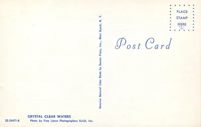 Cabana nad jeziorem — widok jeziora — Fotografia przez Free Lance Photographers Guild, Inc. i wydawca Dexter Press, Inc., Nyack, N.Y. — Rewers