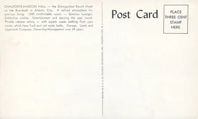 Chalfonte-Haddon Hall — wygląd luksusowego hotelu Boardwalk w Atlantic City — wydawca Leeds and Lippincott Company — Rewers