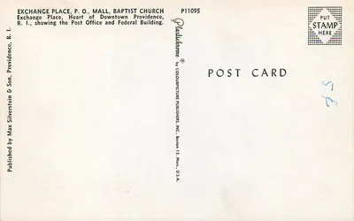 Exchange Place, P.O., Mall, Baptist Church — Providence, R.I. — Published by Max Silverstein & Son, Boston 15, Mass., U.S.A. — P11095 — Rewers