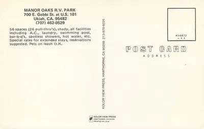 Manor Oaks R.V. Park — Ukiah, Califórnia — Kolor View Press — Verso