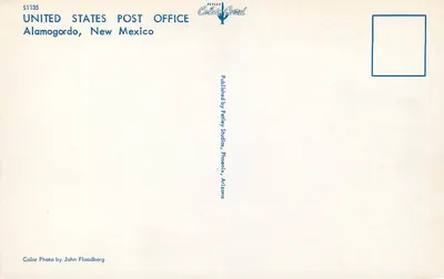 Bureau das Postas dos Estados Unidos — Alamogordo, Novo México — editor Petley Color Card — Verso