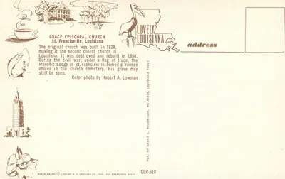 Igreja Episcopal Grace — St. Francisville, Louisiana — Pub. by Grant L. Robertson, Metaire, Louisiana — Verso