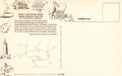Casa da Plantation Oakley — Parque Estadual Memorial Audubon — St. Francisville, Louisiana — Publicado por Grant L. Robertson, San Francisco — Verso
