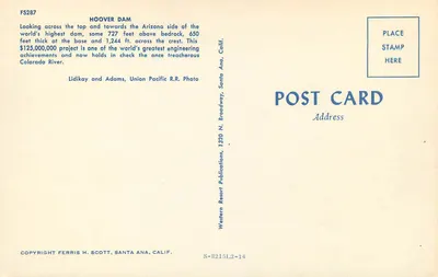 Barragem Hoover — vista panorâmica — Western Resort Publications, S-8215L2-14 — Verso
