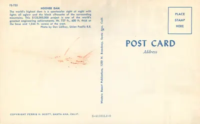 Barragem de Hoover — noite iluminada — Western Resort Publications, S-41381L2-6 — Verso