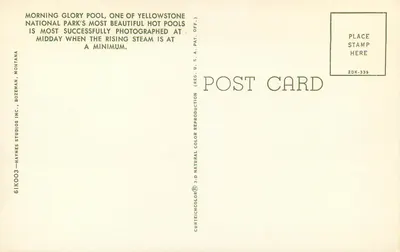 Morning Glory Pool — Parque Nacional de Yellowstone — Haynes Studios Inc., Bozeman, Montana — Verso