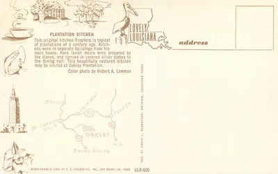 Cozinha de plantação — Louisiana — editor H. S. Crocker Co., n° GLR-509 — Verso