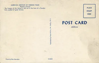 Campus do American Institute of Foreign Trade — Phoenix, Arizona — Publicado por Pond Willis, Mt. Holly, N.J. — Verso