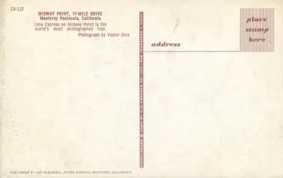 Midway Point, 17-Mile Drive — Lone Cypress — H.S. Crocker Co., Inc. — Verso