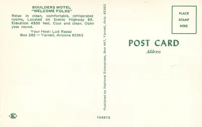 Boulders Motel — Yarnell, Arizona — Publicado por National Enterprises — Verso