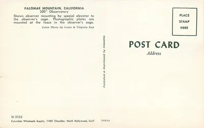 Montanha Palomar, Califórnia — 200" Observatório — Columbia Wholesale Supply — Verso