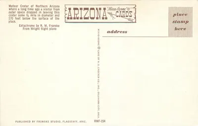 Craque meteorítico do Arizona — vista aérea — Mirro-Krome Cards, série RMF-154 — Verso
