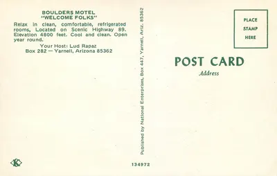 Boulders Motel — Yarnell, Arizona — Publicado pela National Enterprises — Verso