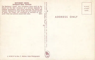 Capela dos Viajantes — Portuguese Bend, Califórnia — editor H.S. Crocker Co. — Verso