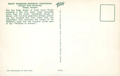 Grady Gammage Memorial Auditorium — Arizona State University — editor Petley Studios, n° 79905 — Verso