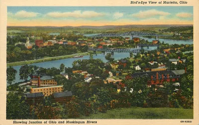 Marietta, Ohio — Vista aérea do cruzamento dos rios Ohio e Muskingum — editor C.T. Art-Color Tone, n° OB-H2521
