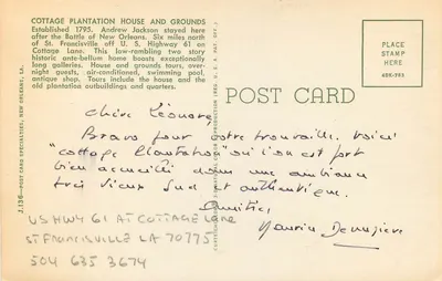 Cottage Plantation House and Grounds — St. Francisville, LA — kolorowa kartka pocztowa Curteich J.136 — Rewers