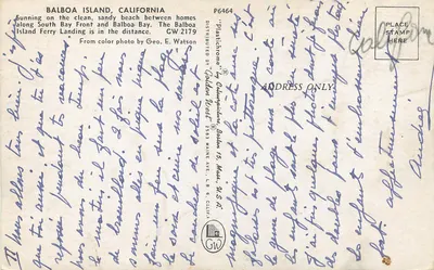 Balboa Island, Califórnia — praia e cais — Golden West Distributors, n° P6464 — Verso