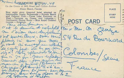Hotel Traymore — Miami Beach, Florida — Publicação M. Schapictures — Verso
