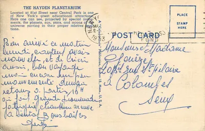 Planetário Hayden — 81st Street and Central Park West — Nova York — Publicação Boston 15, Mass. — n° 14850 — Verso