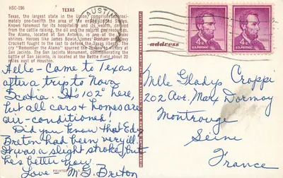 Texas — Saudações do Texas — HSC-196, editor P.S. Crocker Co., Inc. — Verso