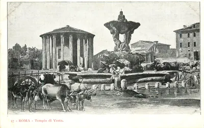 Rzym - Tempio di Vesta — widok z fontanną i wozem dobytym — wydawca nieodczytalny, nr serii 17