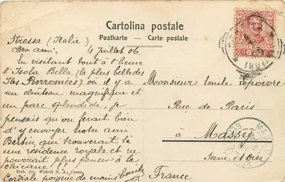 Bilhete postal antigo Vista de Stresa sobre a Ilha Bella e Superior — Verso
