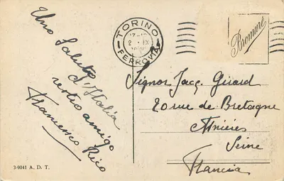 Torino - Monte dei Cappuccini — widok jeziora z dwiema osobami siedzącymi — wydawca A.D.T. n° 3-9041 — Rewers