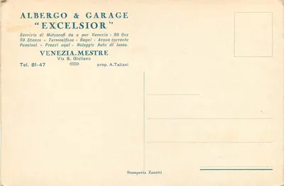 Albergo & Garage "Excelsior" — Venetia-Mestre — Stamperia Zanetti — Verso