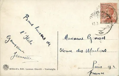Ventimiglia - Porta Vecchia — widok wybrzeża i zamku na wzgórzu — wyd. Lorenzo Giavelli — Rewers